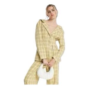 Topshop Womens Size 4 Off Shoulder Blazer In Yellow Plaid